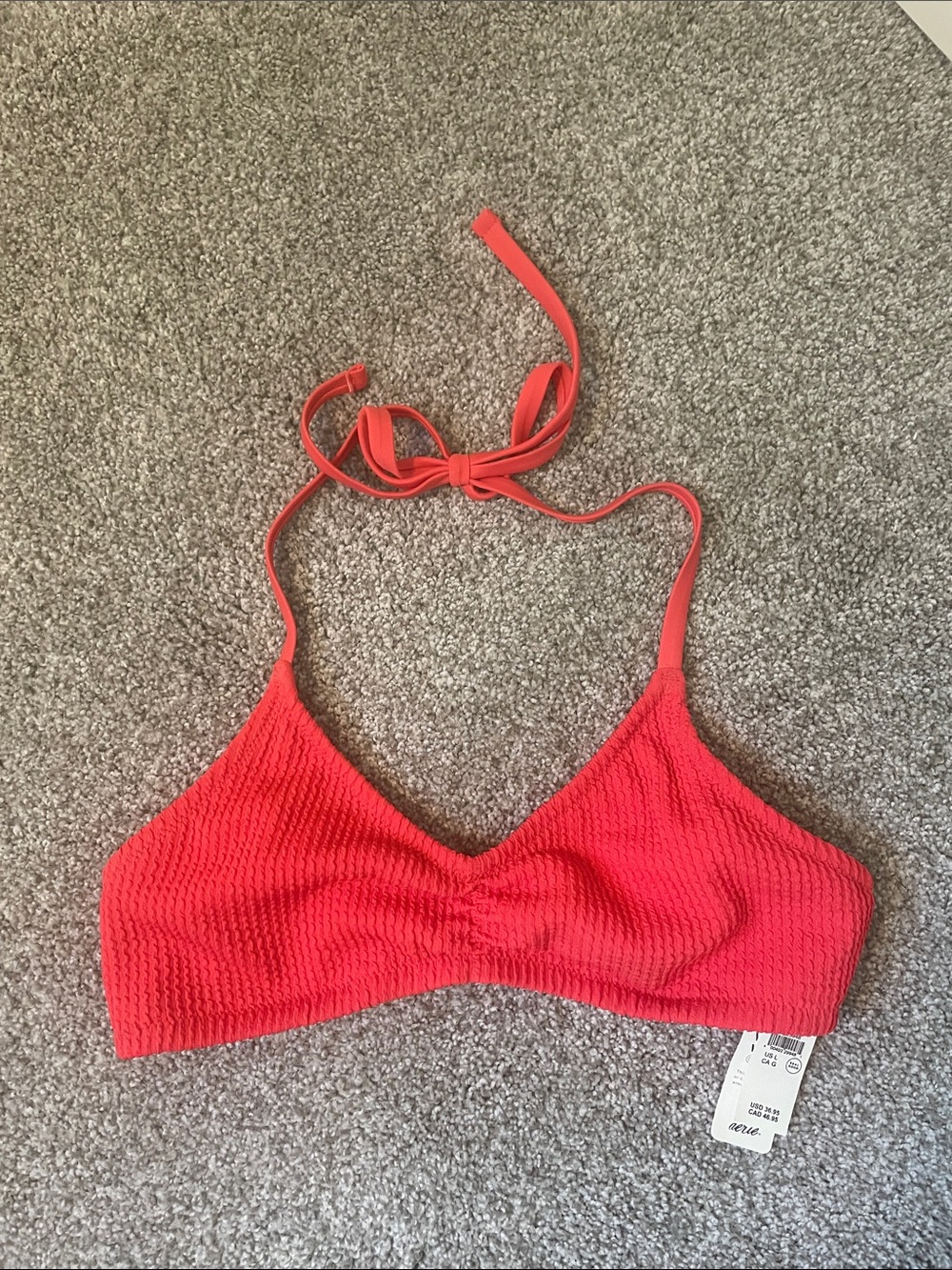 NWT aerie Textured Halter Bikini top Sz L Coral adjustable tie in back and neck